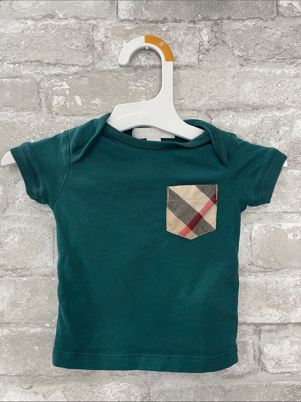 Burberry Teal Short Sleeve Tee with Signature Plaid Pocket